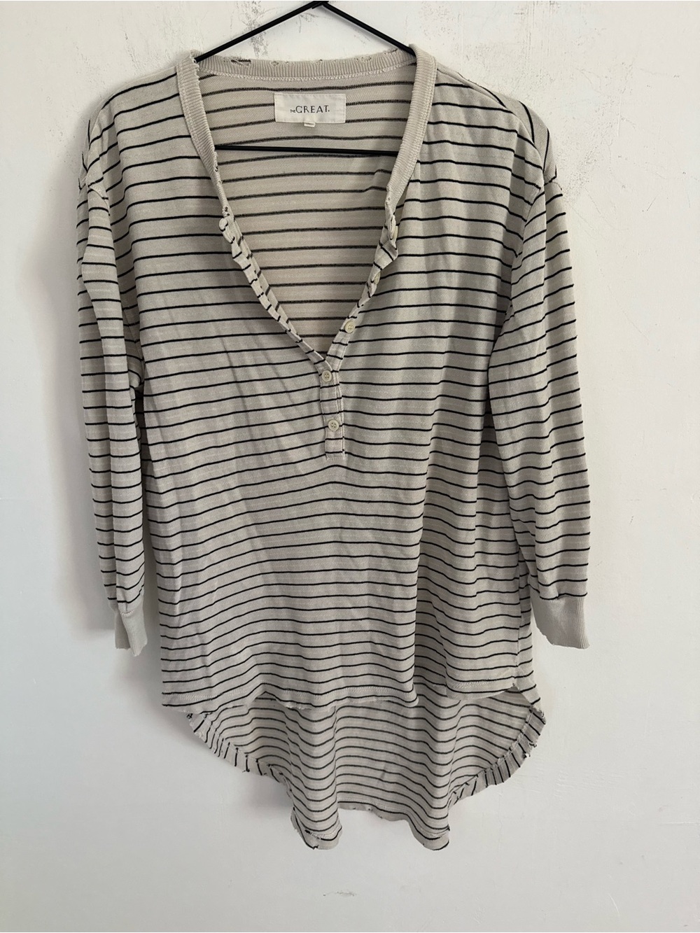 THE GREAT. Black Stripe Distressed Shirttail Tunic Top 0/XS